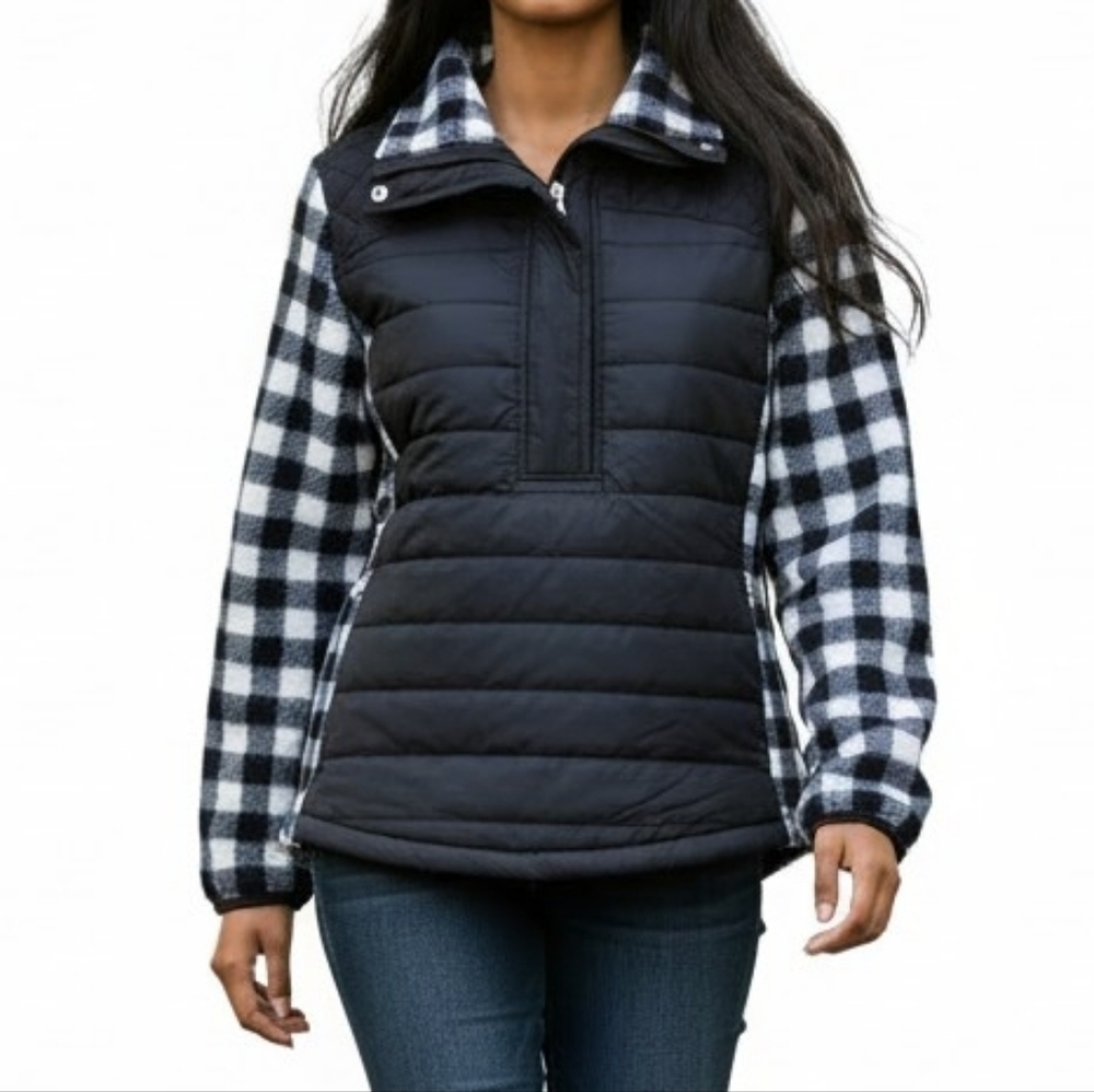 Lauren Ralph Lauren Quilted Puffer Jacket Size L Buffalo Plaid Fleece Arms Back